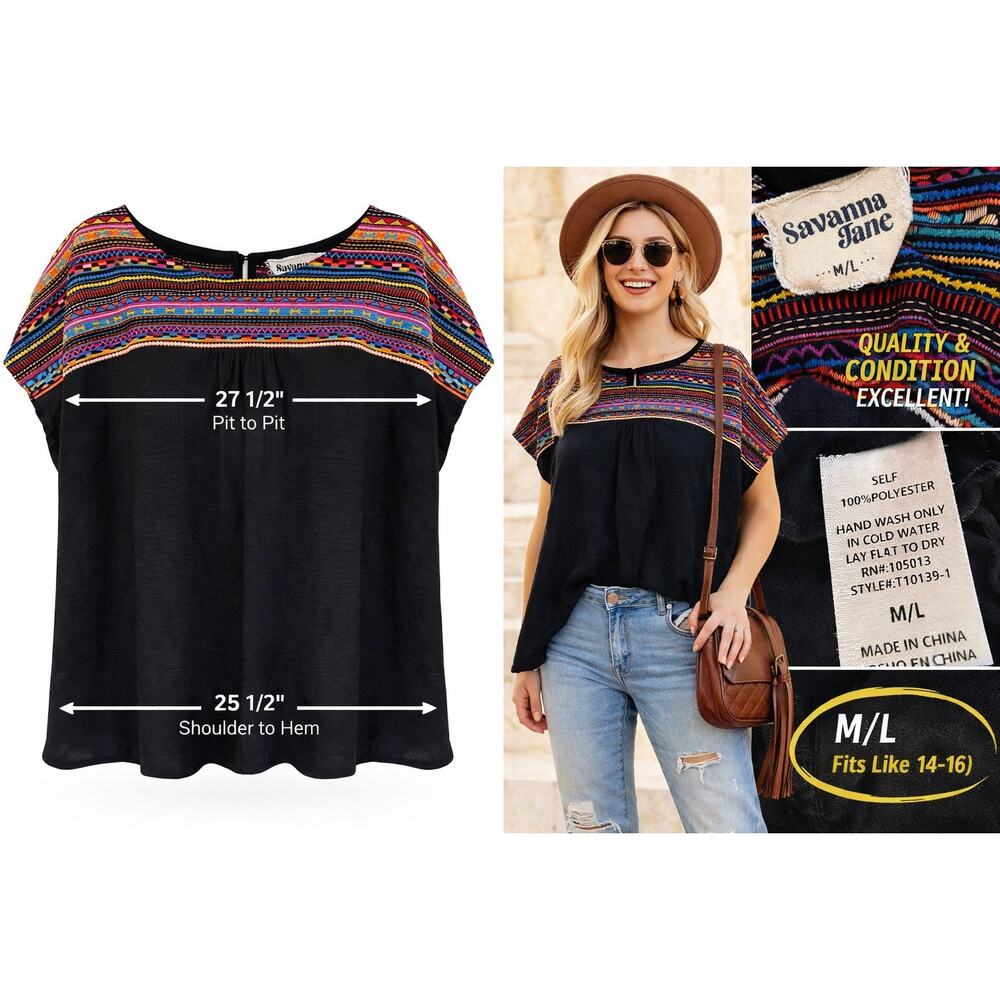 Savanna‎ Jane Embroidered Geometric Boho Tunic Top Black M/L Festival Oversized